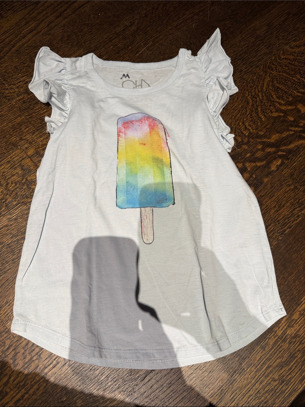 White Girls' Ruffle Sleeve Tee with Rainbow Popsicle Print